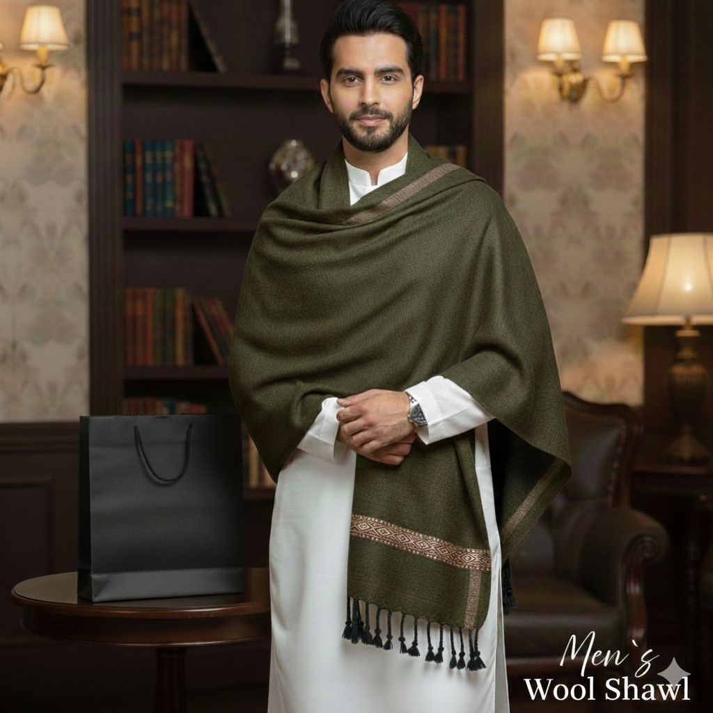 Winter Pure Wool Gents Shawl Olive Green #09