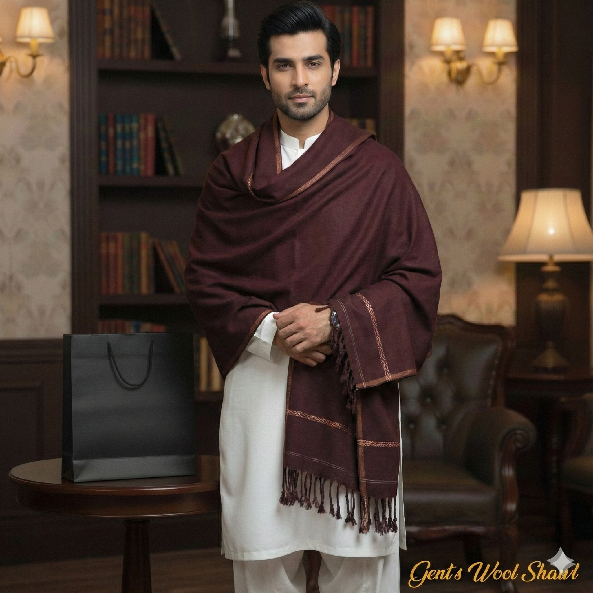 Winter Pure Wool Gents Shawl Maroon #01